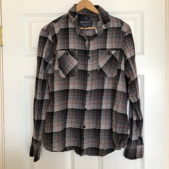 American Rag Plaid Gray Black Red Long Sleeve Button Shirt Men's Medium - Picture 1 of 11